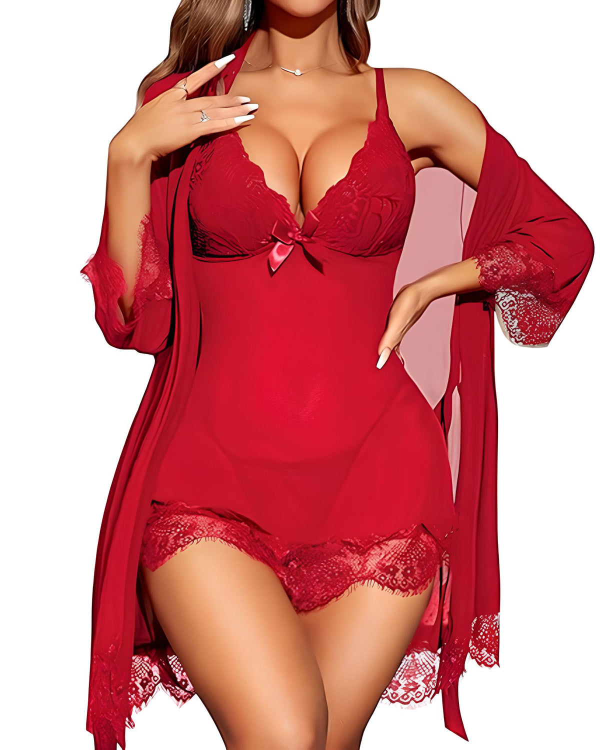 Sexy Deep V Lace See-through Mesh Slip Dress and Long-sleeved Robe Set