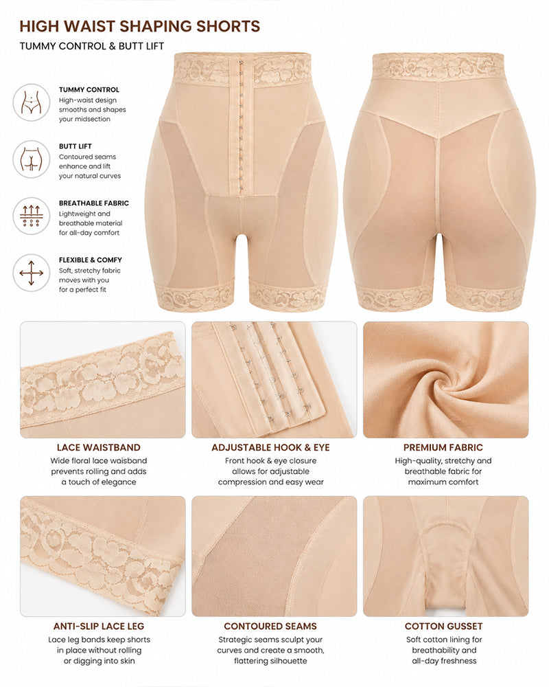 High Waist Tummy Control Hook-eye Lace Trim Seamless Breathable Shaping Shorts