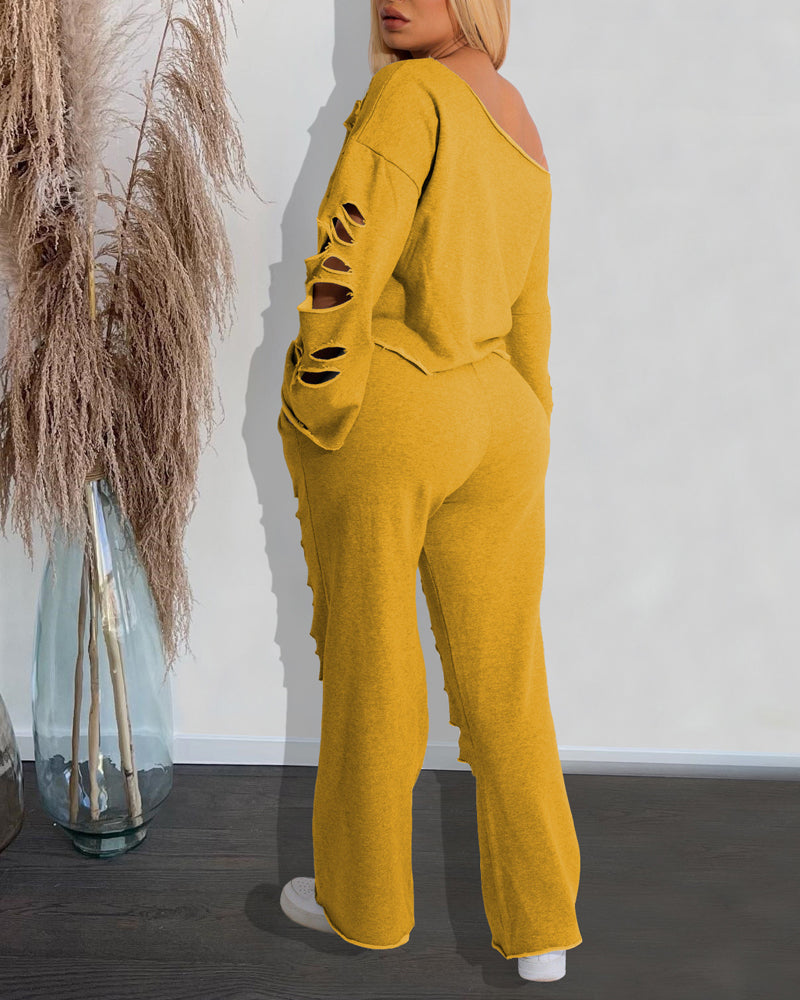 Women's Ripped Asymmetrical Neckline Pullover and Wide-leg Pants Casual Sportswear Set