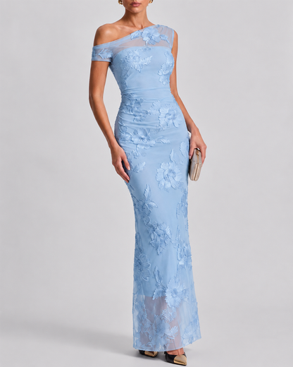 Sexy One-Shoulder Embroidered Mesh Panel Bodycon Dress
