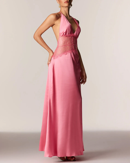 Elegant V-Neck Halter Lace and Satin Patchwork Maxi Dress