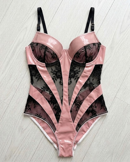 Sexy Faux Leather Lace Patchwork Sheer Teddy Bodysuit
