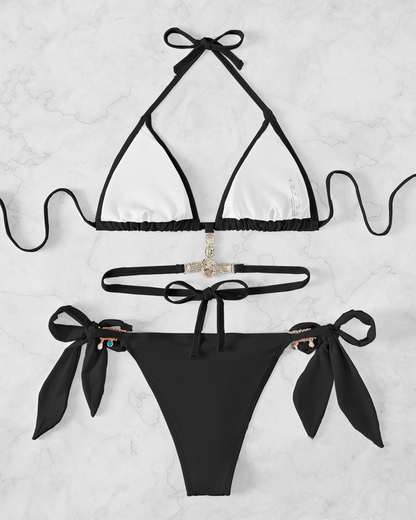 Rhinestone Cutout Back Tie Bikini