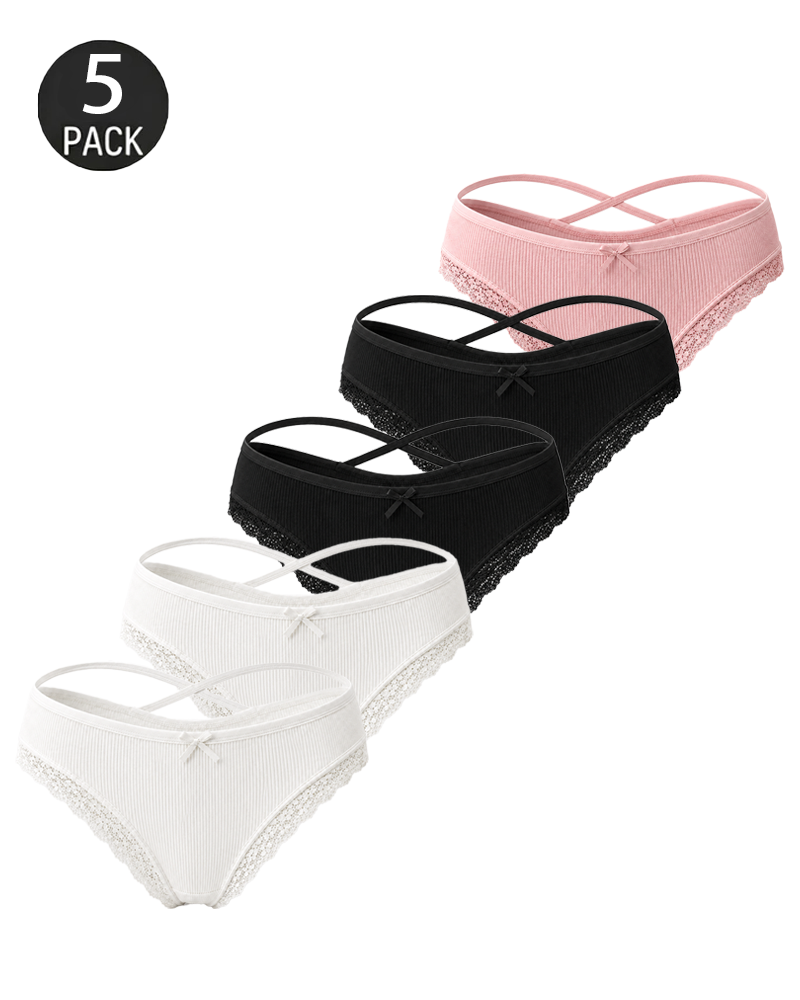 5-Pack Comfortable Cotton Cross-Strap Lace Trim Panties