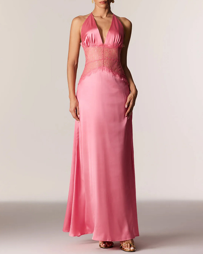 Elegant V-Neck Halter Lace and Satin Patchwork Maxi Dress