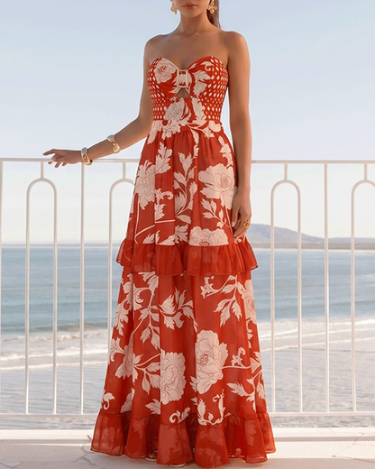 Bandeau Red Flower Print Cut Out Splicing Swimsuit Set