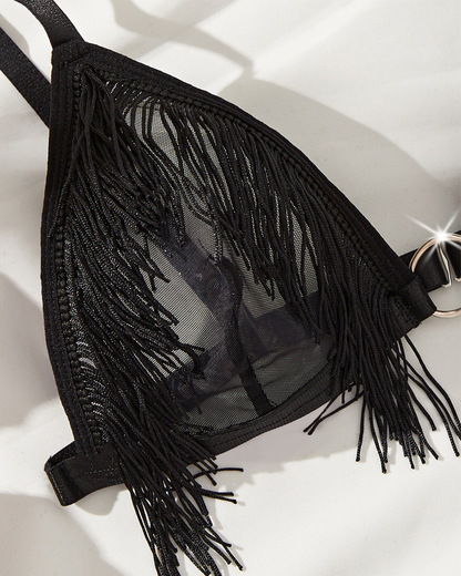 Women’s Sexy Tassel Mesh Sheer Hollow-Out Lingerie Set