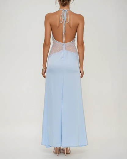 Elegant V-Neck Halter Lace and Satin Patchwork Maxi Dress
