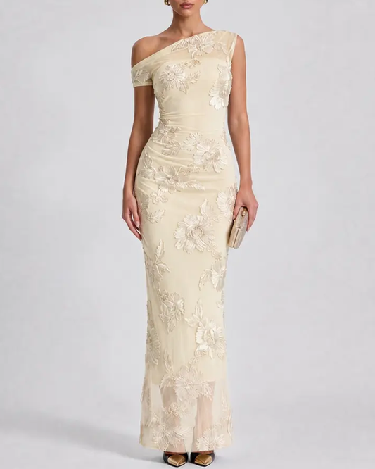 Sexy One-Shoulder Embroidered Mesh Panel Bodycon Dress