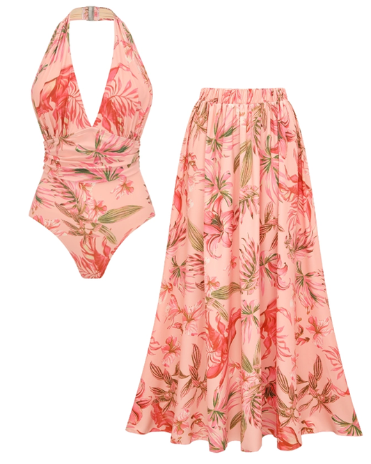 Sexy Pink Lily Print Swimsuit Set