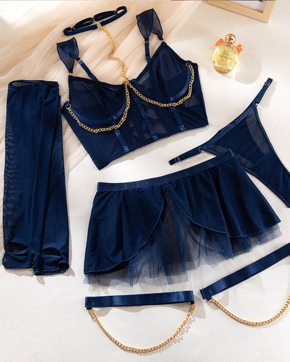 Sexy See-Through Mesh Skirt Uniform Lingerie Set With Gloves