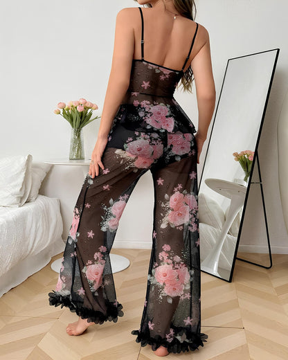 Sexy Floral Mesh See-through Ruffled Camisole and Trousers Pajama Set