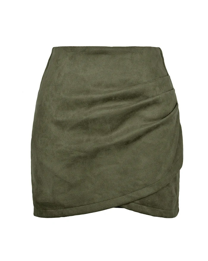 Suede Pleated Irregular Zipper Bodycon Mini Skirt