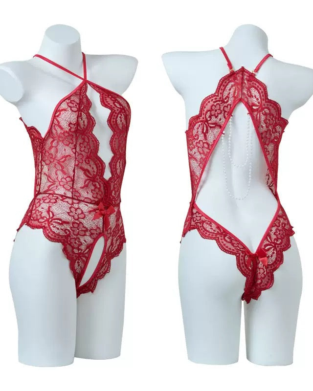 Sexy Lace Open Crotch Tights Pearl Backless Pajamas