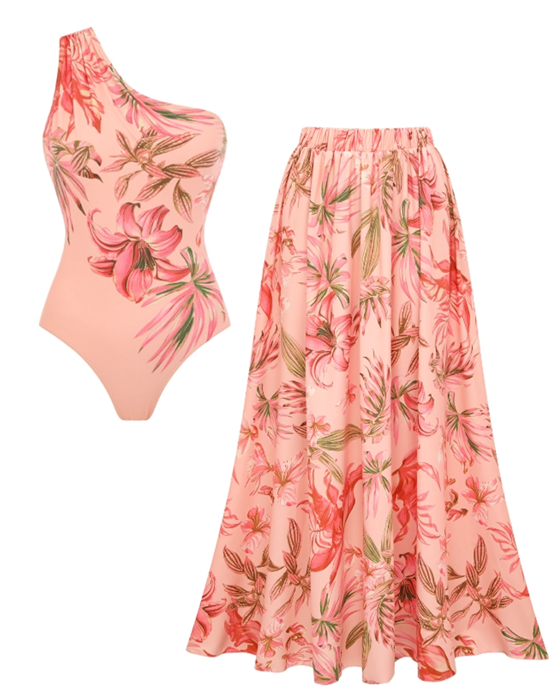 Sexy Pink Lily Print Swimsuit Set