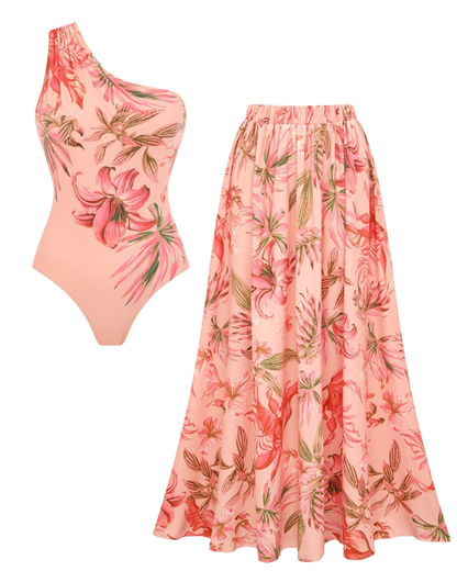 Sexy Pink Lily Print Swimsuit Set