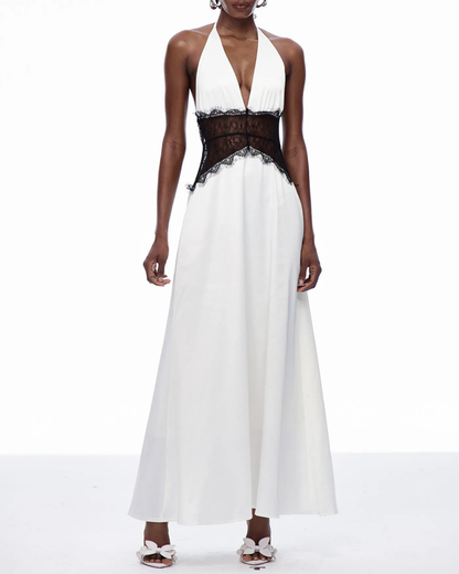 Elegant V-Neck Halter Lace and Satin Patchwork Maxi Dress