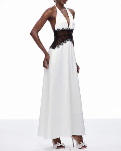 Elegant V-Neck Halter Lace and Satin Patchwork Maxi Dress