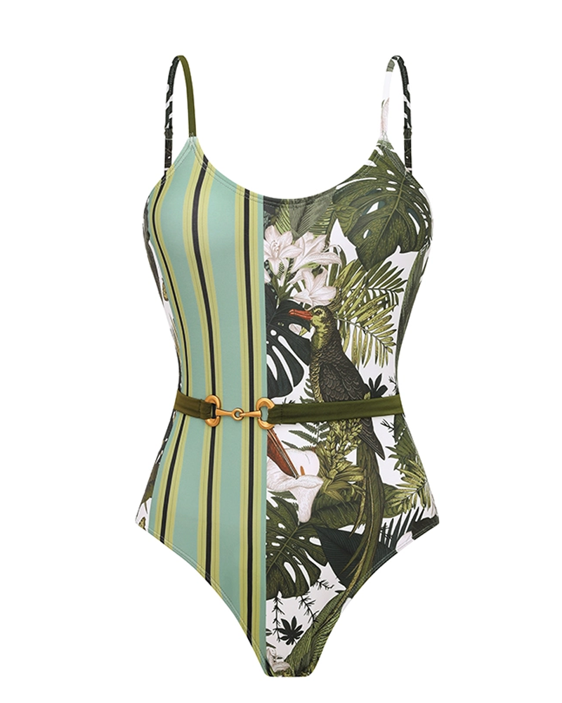 Adjustable shoulder straps Green Print Swimsuit Set