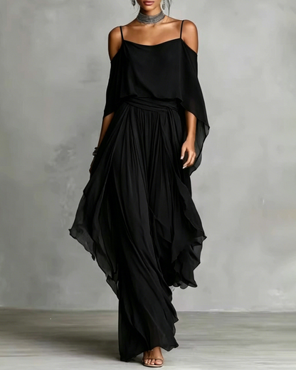 Chiffon Off-Shoulder Cami Wide-Leg Pants Set