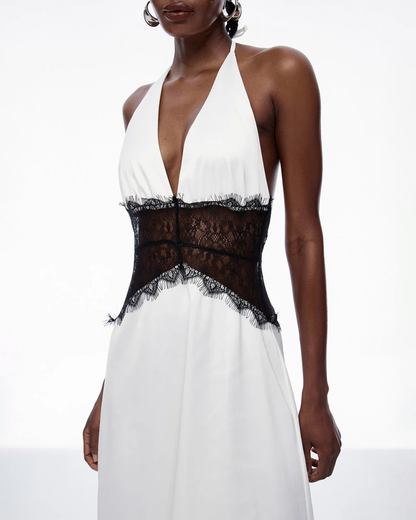 Elegant V-Neck Halter Lace and Satin Patchwork Maxi Dress