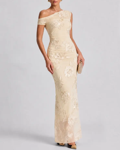 Sexy One-Shoulder Embroidered Mesh Panel Bodycon Dress