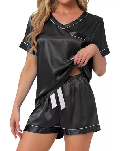 Women's Summer V-neck Short Sleeve Top and Shorts Soft Ice Silk Pajamas Home Set