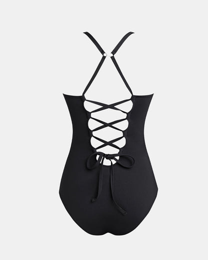 Deep V Low-Cut Slimming and Shaping Lace-Up Back Tummy-Control Adjustable Shoulder Straps One-Piece Swimsuit