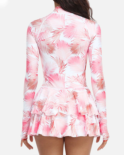Beach Vacation Print UPF50+ Ruffled Skirt Long Sleeve One-Piece Swimsuit