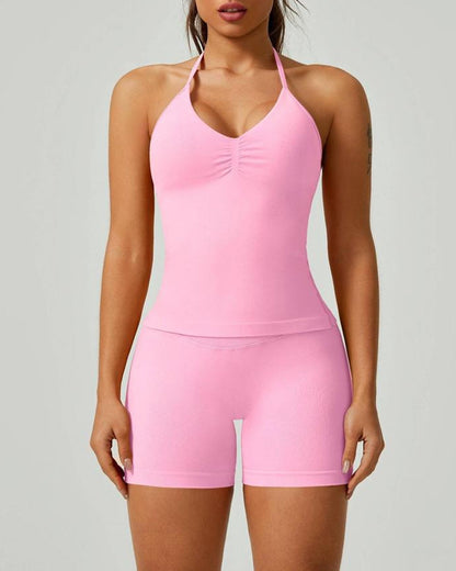 Solid Color Pleated Breathable Backless Top and High Waist Hip-Lifting Shorts Yoga Fitness Set