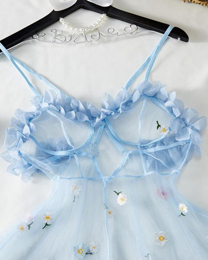 Sexy See-Through 3D Flower Lace Mesh Suspender Dress