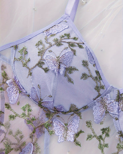 Women's Sexy Butterfly Embroidery Mesh Suspender Nightdress and Thong Set