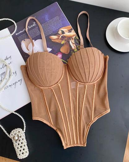Sexy Fishbone Adjustable Shoulder Strap Tube Top Mesh Irregular Top
