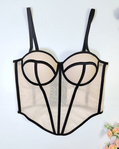Sexy Herringbone Mesh Contrast Color Bustier Top