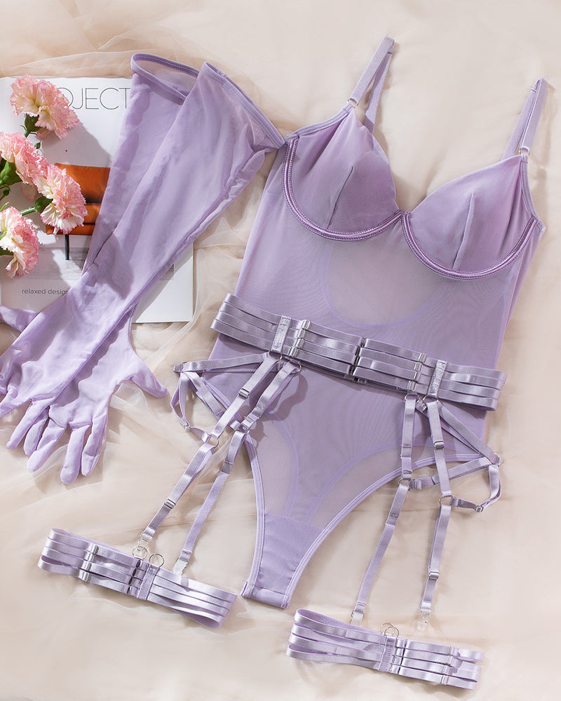 Sexy See-Through Mesh Splicing Low-Cut Bodysuit With Gloves Three-Piece Set
