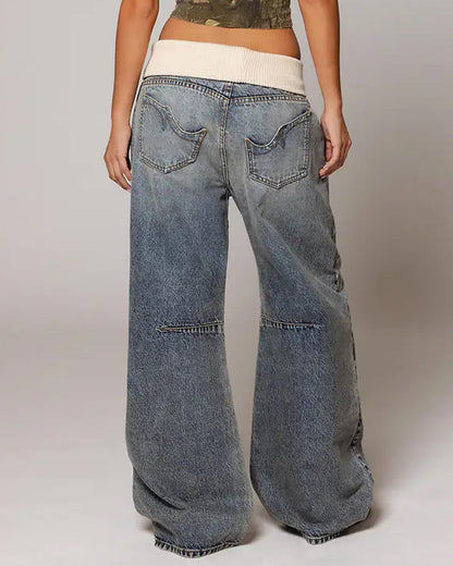 Vintage Knitted Belt Design Loose Washed Jeans