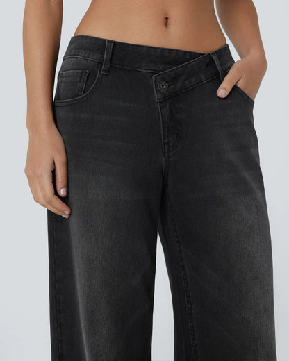 Asymmetric Low-Rise Zipper Pocket Loose Wide-Leg Washed Jeans