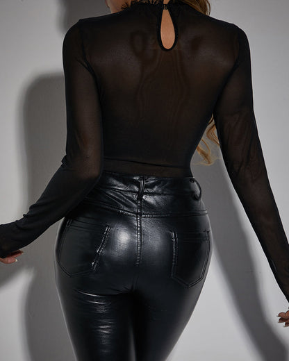 Sexy Round Neck Lace Mesh See-through Slim Long Sleeve Tights Bodysuit