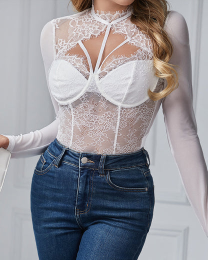 Sexy Round Neck Lace Mesh See-through Slim Long Sleeve Tights Bodysuit