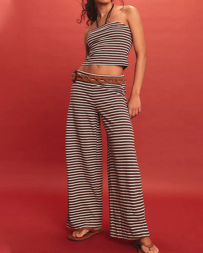 Women's Striped Print Casual Short Tube Top Wide-leg Pants Suit