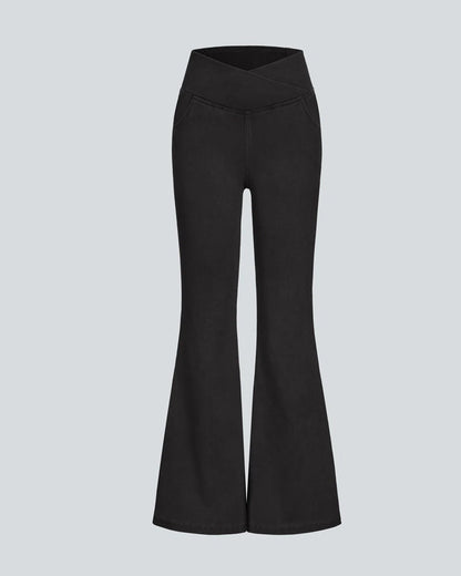 High-waisted Cross-pocket Stretch Flared Washed Casual Jeans