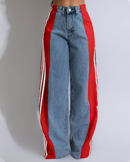 Fashion Striped Colorblock Wide-leg Jeans