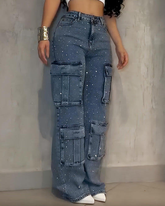 Multi-Pocket Diamond Casual Straight-Leg Jeans