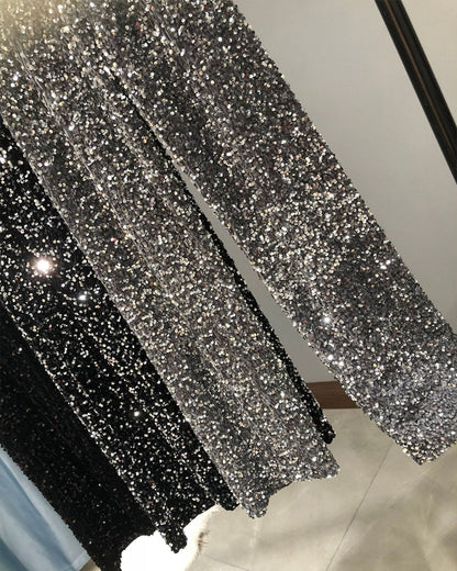 Women's Sequined Velvet Drawstring Loose Wide-Leg Straight Pants