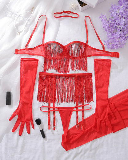 Sexy Lace See-through Tassel Hollow Underwear Set