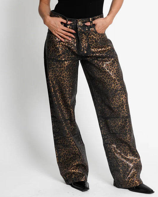 Leopard Shiny Casual Straight-leg Loose Jeans