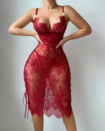 Sexy Lace Cutout Lace-Up Bodycon Babydoll Lingerie