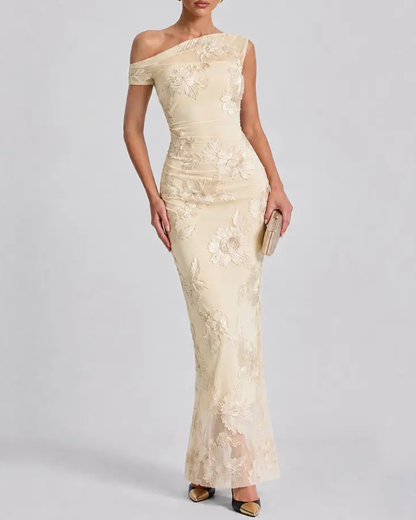 Sexy One-Shoulder Embroidered Mesh Panel Bodycon Dress