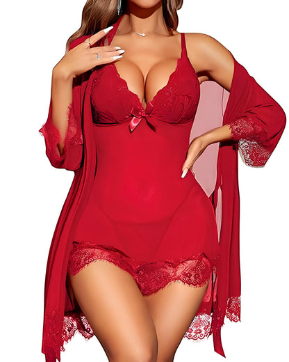 Sexy Deep V Lace See-through Mesh Slip Dress and Long-sleeved Robe Set