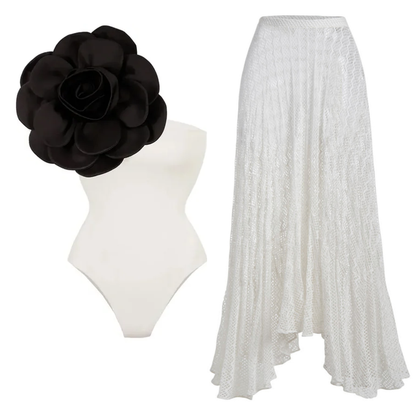 3D Flower One Shoulder One Piece Swimsuit and Skirt